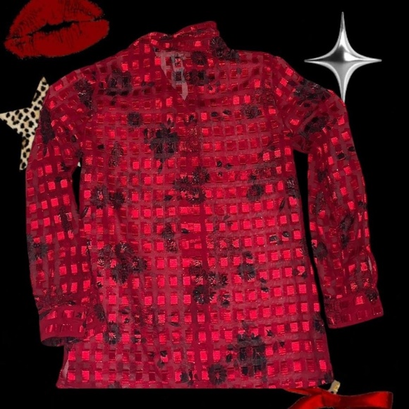 Red sheer button down with sparkly thread and black floral pattern. - Picture 2 of 3
